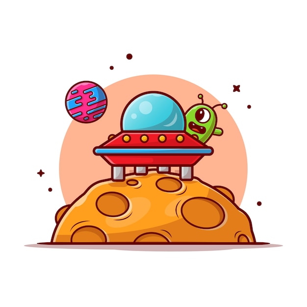 Cute alien ufo spaceship landed on the moon cartoon icon\
illustration.