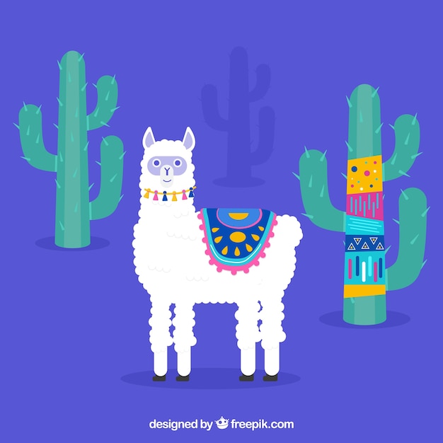 Cute alpaca background with cactus