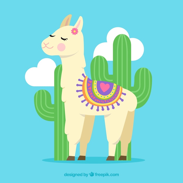 Cute alpaca background with cactus