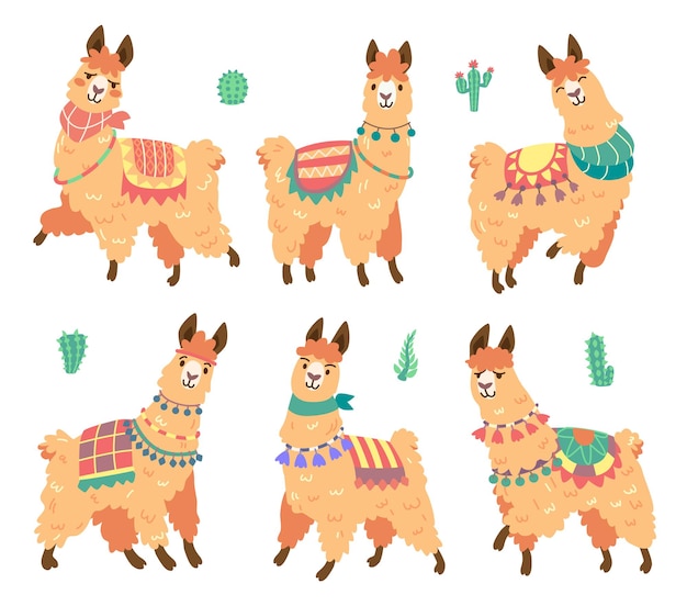 Free vector cute alpaca character with different emotions isolated on white