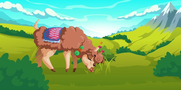 Cute alpaca grazes on meadows in peruvian mountains. Vector cartoon illustration of Andes landscape with snow rocks, green grass and funny llama. Guanaco in Chile highland