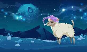 Милая альпака в шляпе для сна на лугах в перуанских горах ночью. векторные иллюстрации шаржа смешной ламы с бигуди и пейзаж со скалами, травой, луной и звездами в небе