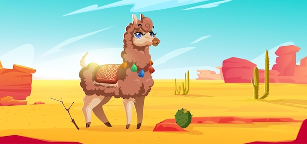 Cute alpaca in mexican desert with red mountains sand and cactuses vector cartoon illustration of de...