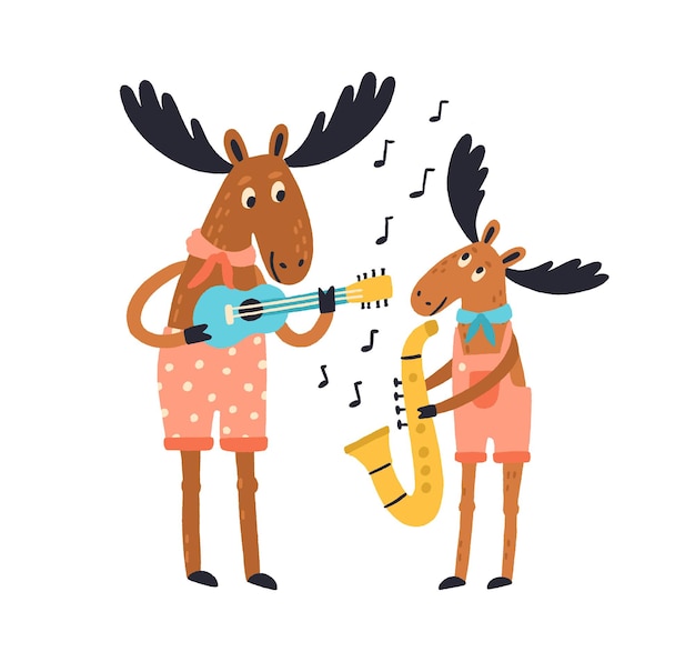 Cute amusing elk family playing musical instruments. moose father and child with guitar and saxophone isolated on white background. animal with baby, cub. vector illustration in flat cartoon style.