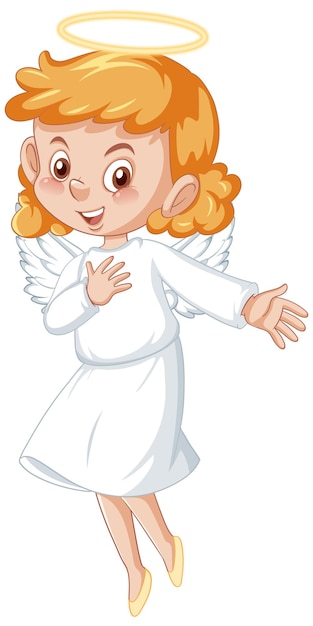 Cute angel cartoon character in white dress on white background