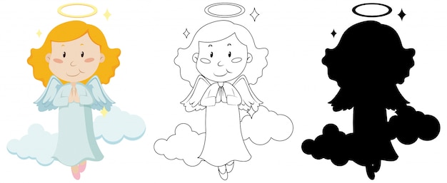 Free vector cute angel in color and in outline and silhouette