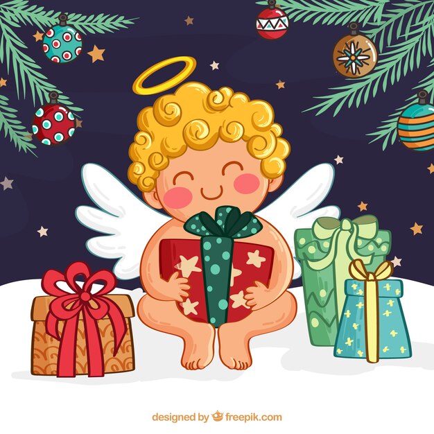 Симпатичный ангел держит подарки