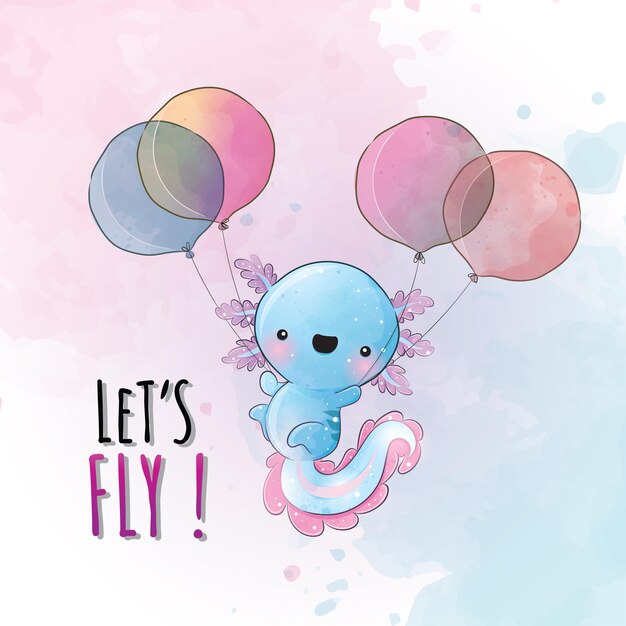 Cute animal axoloti flying with balloon illustration illustration of background