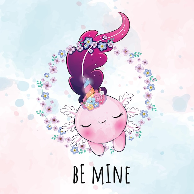 Cute animal axoloti with flower illustration illustration of background cute animal watercolor