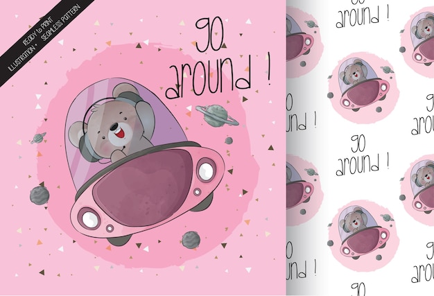 우주선 원활한 패턴 및 카드에 귀여운 동물 아기 곰