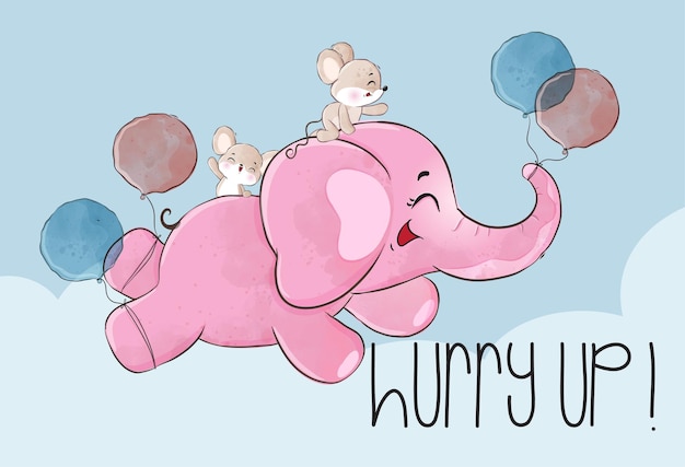 Cute animal baby elephant happy flying with balloon illustration