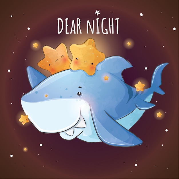 Cute animal Blue Shark with star on the sky illustrationIllustration of background