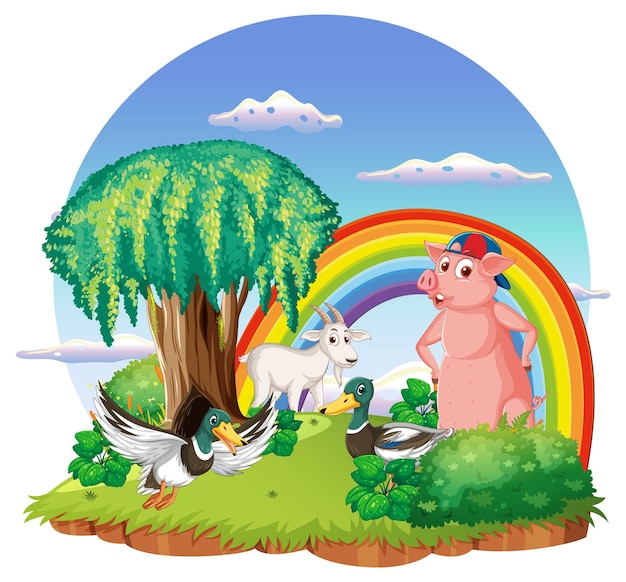 Cute animal cartoon character in ourdoor scene isolated island