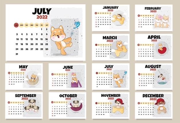 Free vector cute animal  characters calendar for 2022  illustration calendar 2022