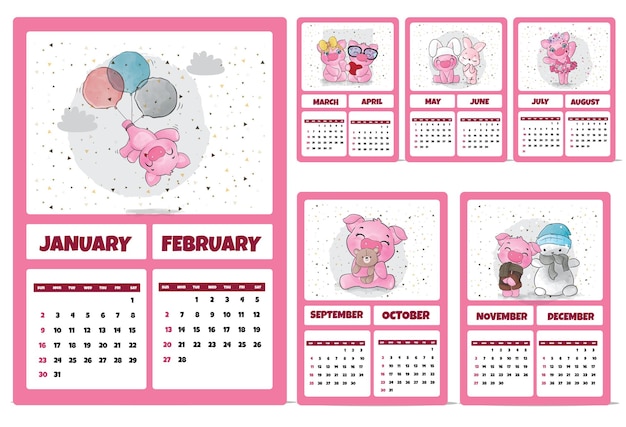 Cute animal  characters calendar for 2022  illustration calendar 2022