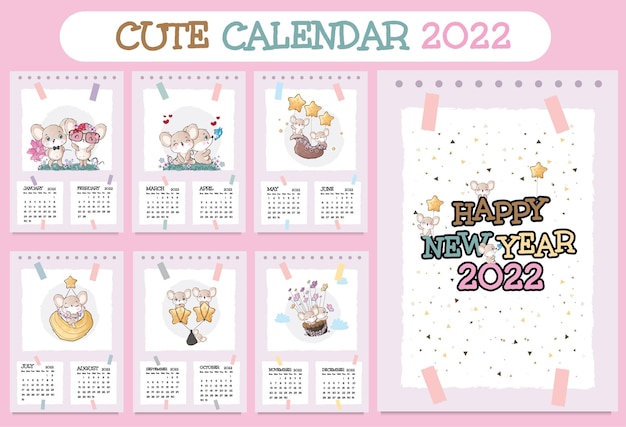 Cute animal  characters calendar for 2022  illustration calendar 2022