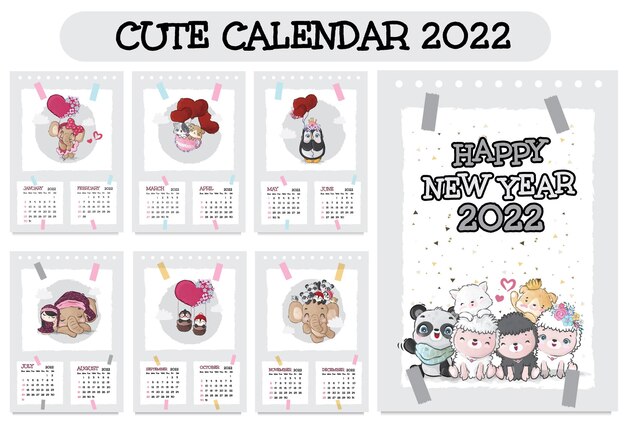 Cute animal  characters calendar for 2022  illustration calendar 2022