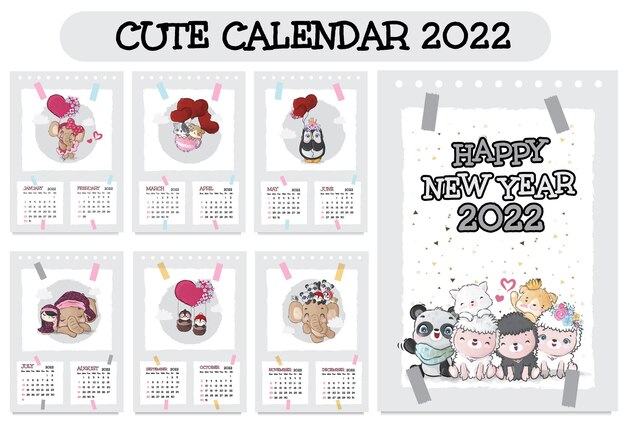 2022年のかわいい動物キャラクターカレンダーイラストカレンダー2022年