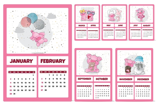 Бесплатное векторное изображение Календарь милых животных-персонажей на 2022 год. иллюстрация календарь на 2022 год.