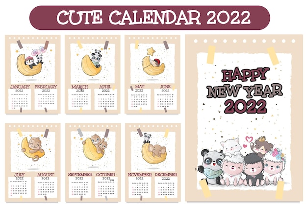 22年のかわいい動物キャラクターカレンダーイラストカレンダー22年 プレミアムベクター