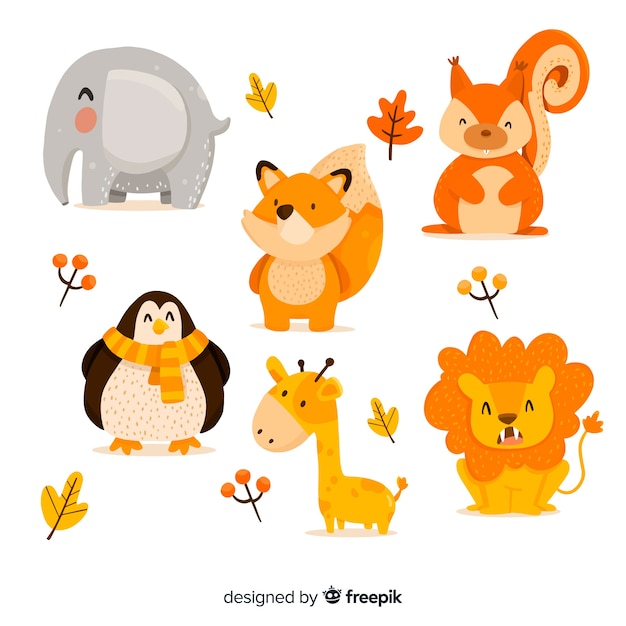 Free vector cute animal collection with leaves