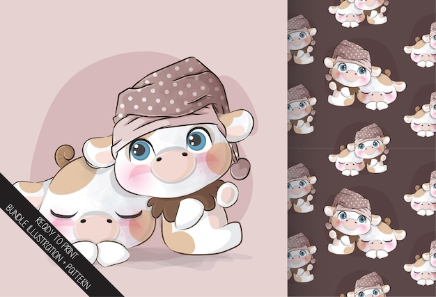 Free vector cute animal cow and friend illustrationillustration and pattern set