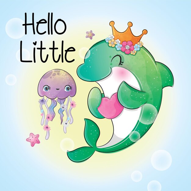 cute animal dolphin with jelly fish illustrationillustration of background