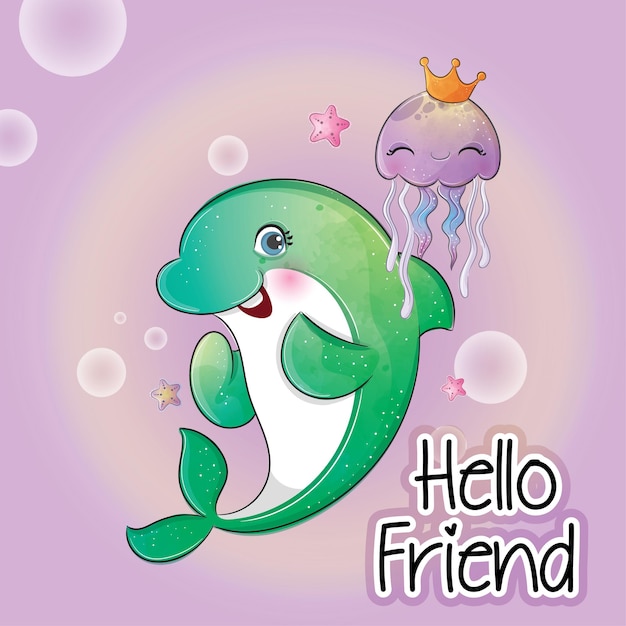 Delfino animale carino con illustrazione di meduse illustrazione di sfondo