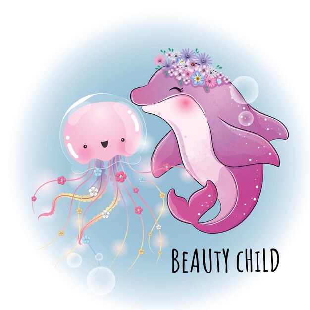 Cute animal dolphin with jelly fish illustrationIllustration of background