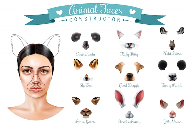 Free vector cute animal faces constructor icon set