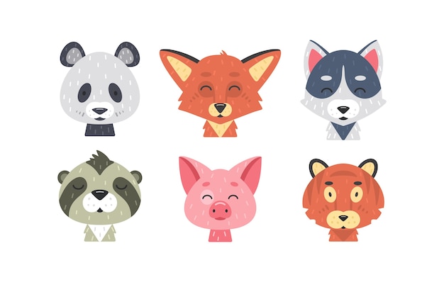 かわいい動物の顔セット 手描きの動物のキャラクター キツネ パンダ ウサギ トラ ブタ オオカミ ウシ サル ナマケモノ 哺乳類の子供たち プレミアムベクター かわいい動物の顔セット 手描きの動物のキャラクター キツネ パンダ ウサギ トラ ブタ オオカミ ウシ サル ナマケモノ 哺乳類の子供たち プレミアムベクター