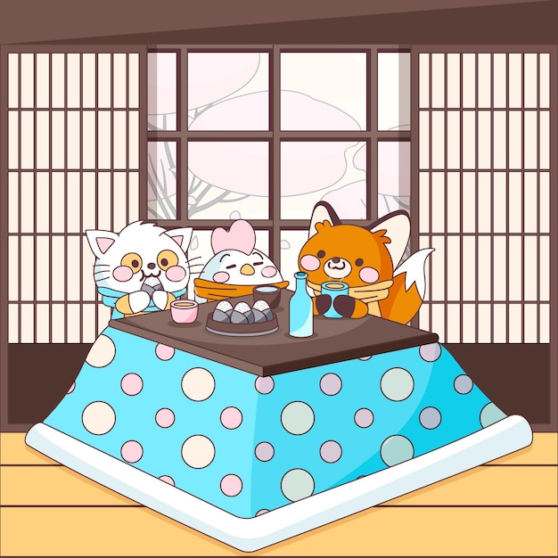 Cute animal friends sitting around a kotatsu table
