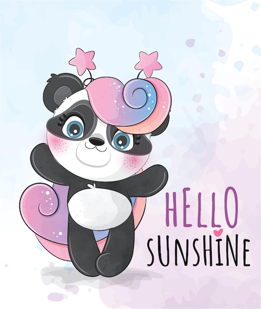 Free vector cute animal happy little panda unicorn illustration- cute animal watercolor panda character