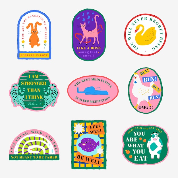 Free vector cute animal illustration badge vector motivational quote set