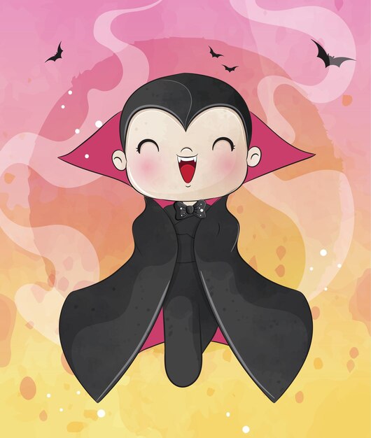 Cute animal little dracula kids Halloween illustration - Cute animal watercolor kids character