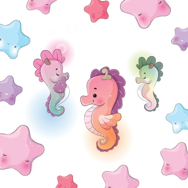 Free vector cute animal little family seahorse illustrationillustration of background