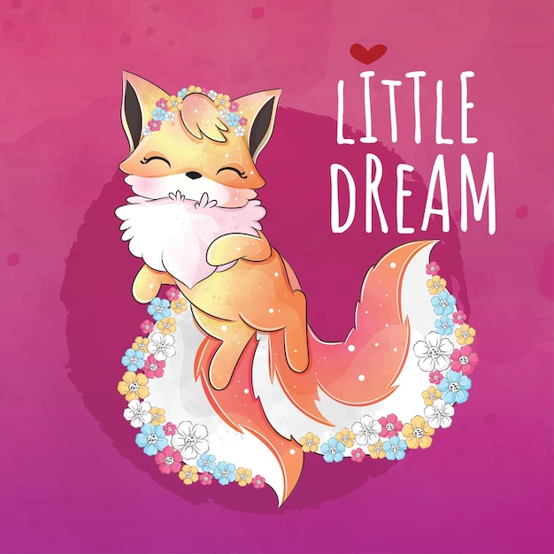 Cute animal little fox with flowers illustrationIllustration of background Cute animal watercolor