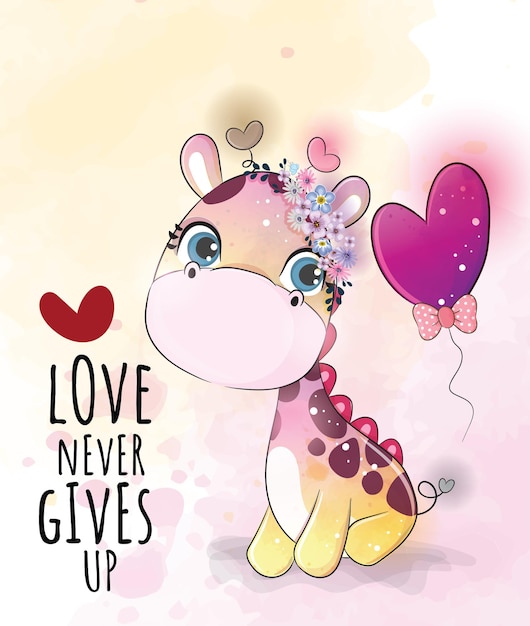 사랑 그림-배경 그림으로 귀여운 동물 작은 기린. 귀여운 동물 수채화