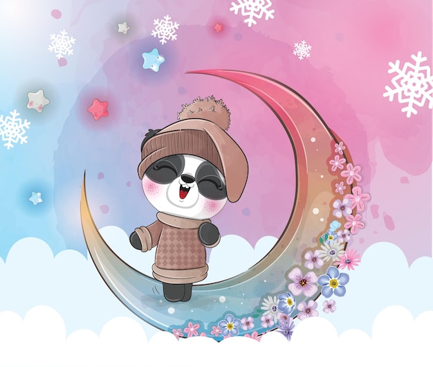 Милое животное, маленькая панда, счастливого декабря на луне, иллюстрация - милое животное, акварель, панда