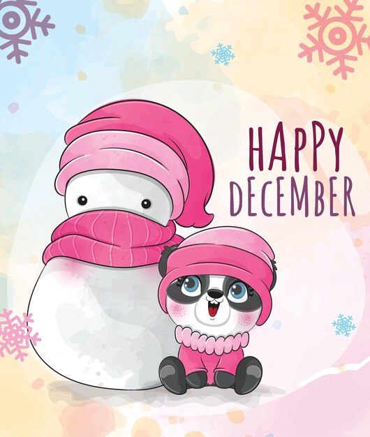 Милое животное маленькая панда счастливого декабря с иллюстрацией снеговика - Милое животное акварелью панда