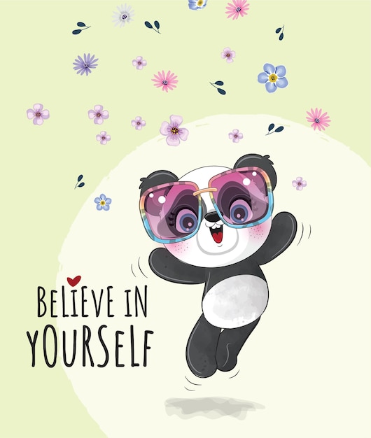 Free vector cute animal little panda with flower illustration- cute animal watercolor panda character