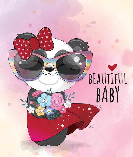 かわいい動物の小さなパンダと花のイラスト - かわいい動物の水彩パンダのキャラクター