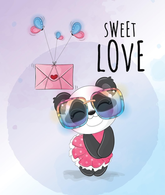 Vettore gratuito simpatico panda animale con illustrazione d'amore- simpatico personaggio panda acquerello animale