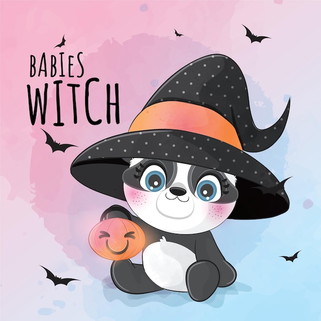 Free vector cute animal little panda with witch hat halloween illustration - cute animal watercolor panda