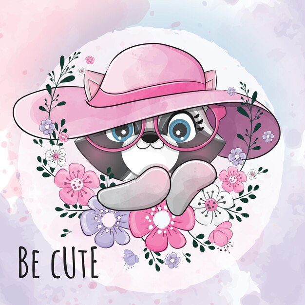 Cute animal little raccoon with hat illustration- Cute animal watercolor panda character