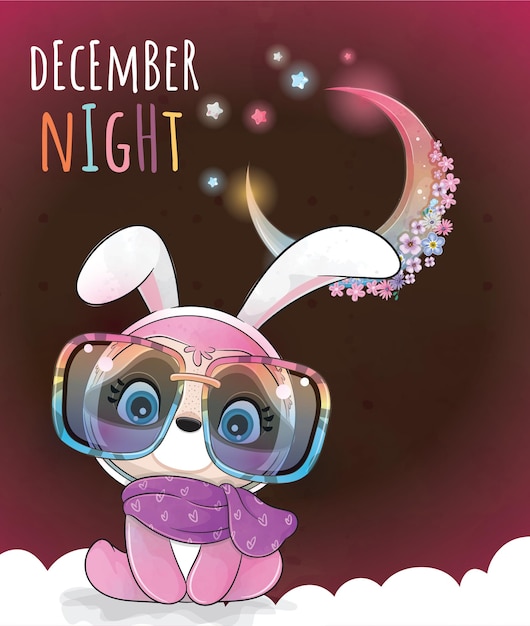 Cute animal little sloth happy december night illustration - happy winter watercolor