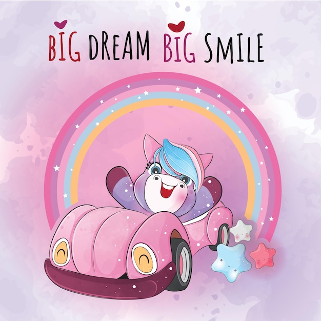 Cute animal little unicorn on car illustration Cute animal watercolor character