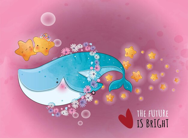 Cute animal magical whale illustrationIllustration of background