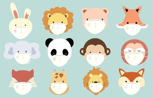 医療マスクでかわいいキリンの描き下ろしイラストを手します プレミアムベクター