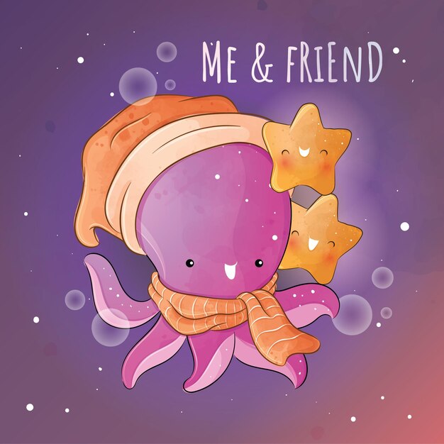 Cute animal Octopus with star on the sky illustrationIllustration of background